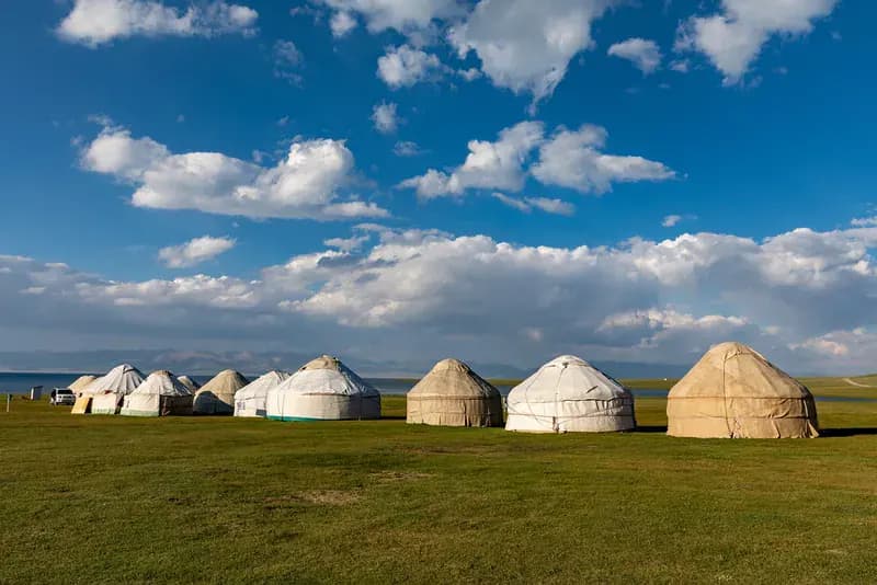 A yurt camp on the shore of Song-Kul